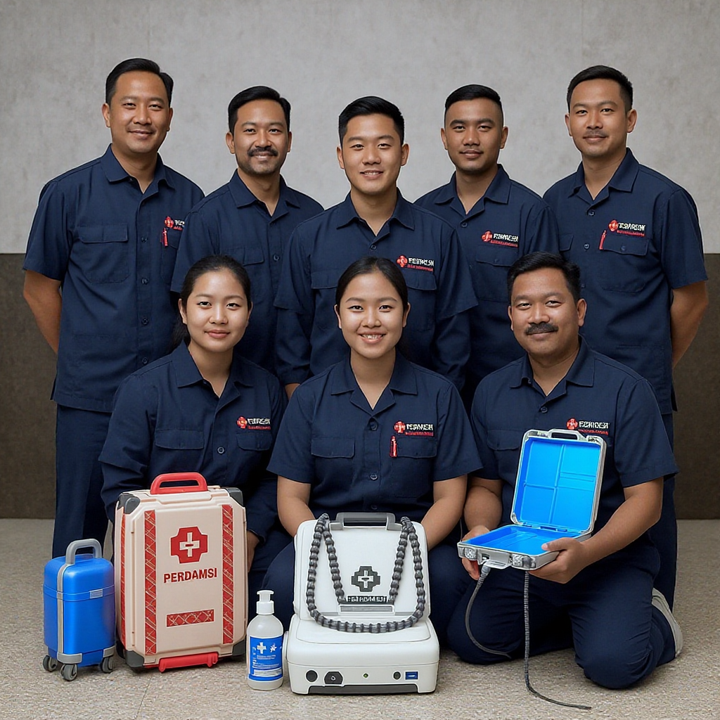 PERDAMSI Indonesia emergency medicine professionals team photo with modern medical equipment and emergency department